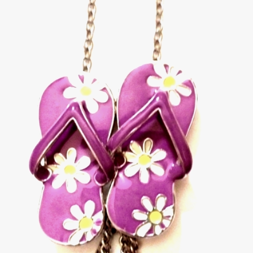 VINTAGE PURPLE FLOWERED FLIP-FLOP PENDANT SILVER-TONE 37" NECKLACE - Picture 4 of 8